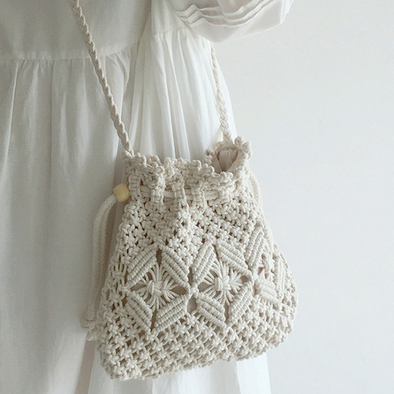 Elena Handbags Retro Cotton Knitted Shoulder Drawstring Bag with Tassel