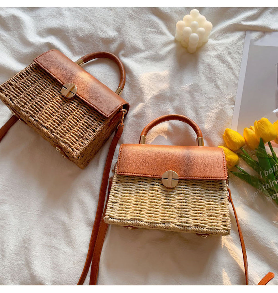 Fringed Trim Woven Straw Backpack in Cream