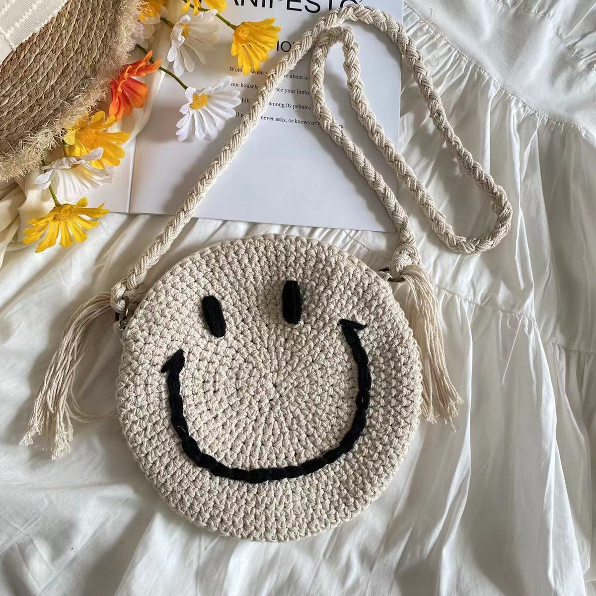 Elena Handbags Crochet Smiley Face Bag