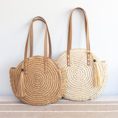 Elena Handbags Straw Woven Round Tote with Leather Strap and Tassel | Trendy Summer Bag