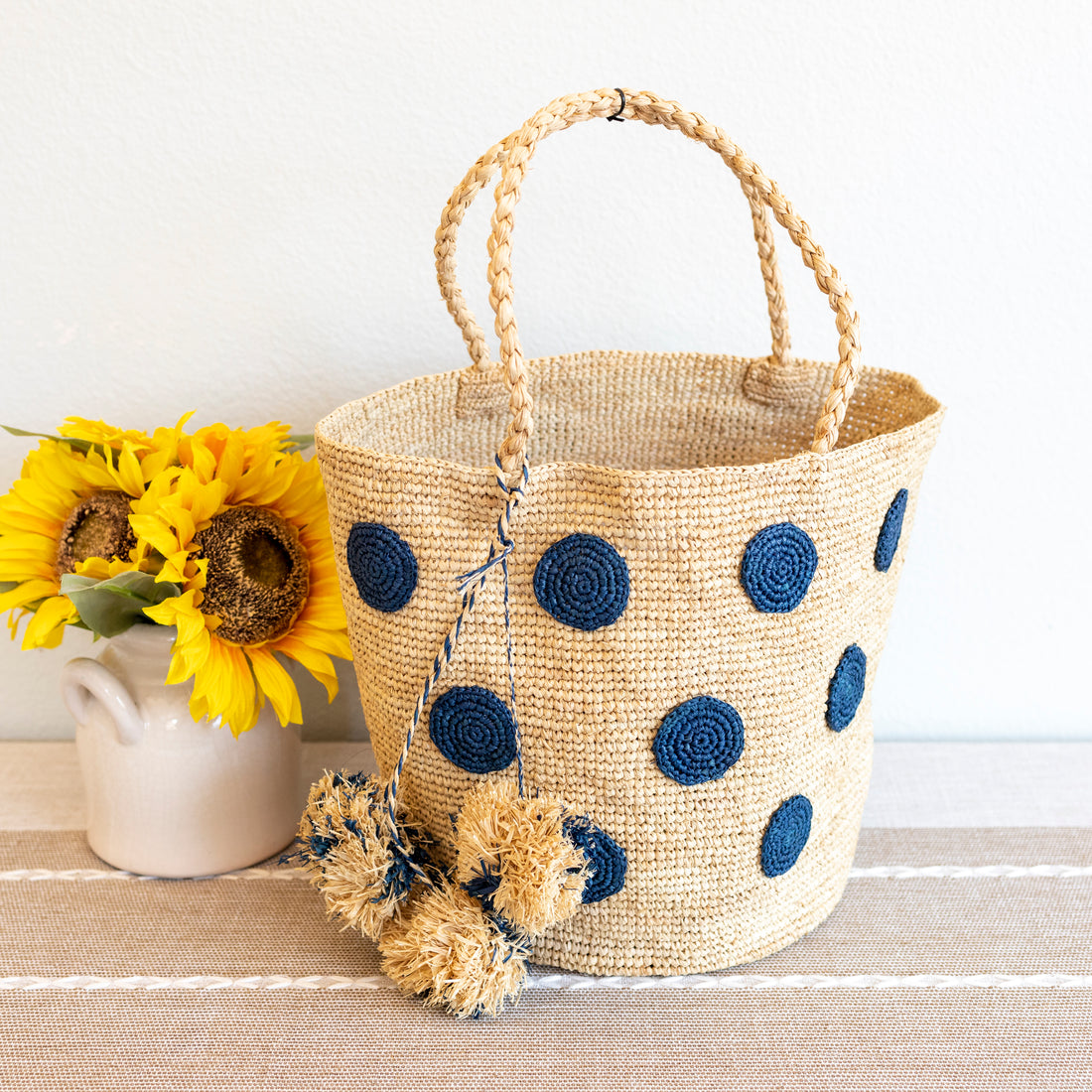   Elena Handbags Natural Raffia Polka Dot Summer Beach Shoulder Tote