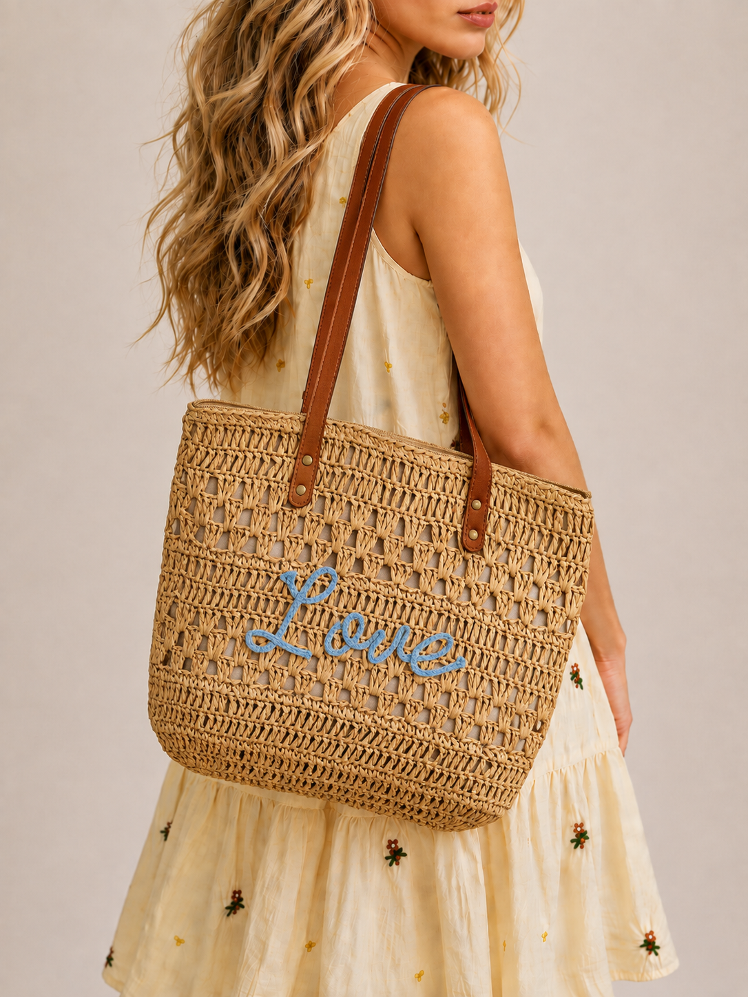 Patterned Straw Woven Tote Bag