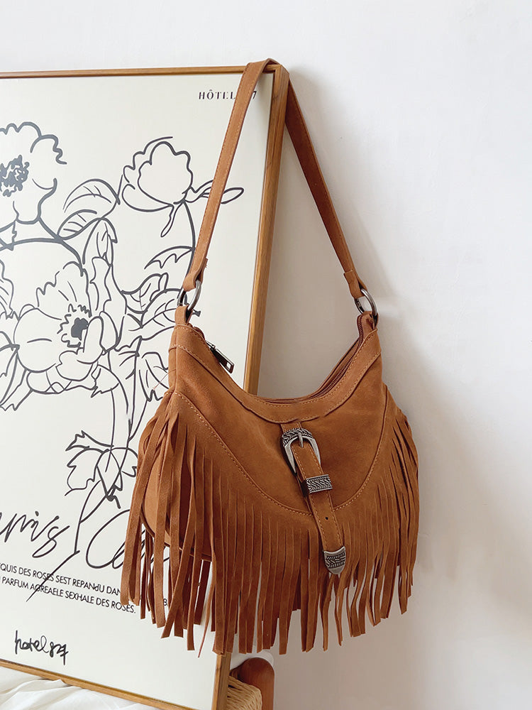 Soft Suede Shoulder Bag with Tassel