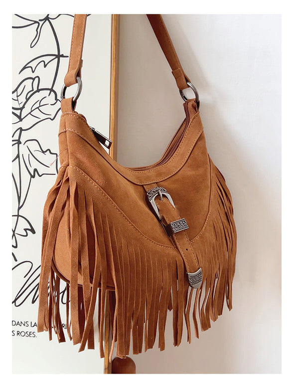 Elena Handbags Soft Suede Shoulder Bag with Tassel