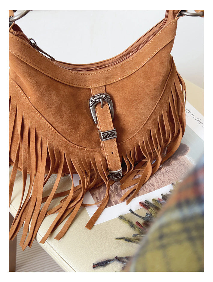 Soft Suede Shoulder Bag with Tassel