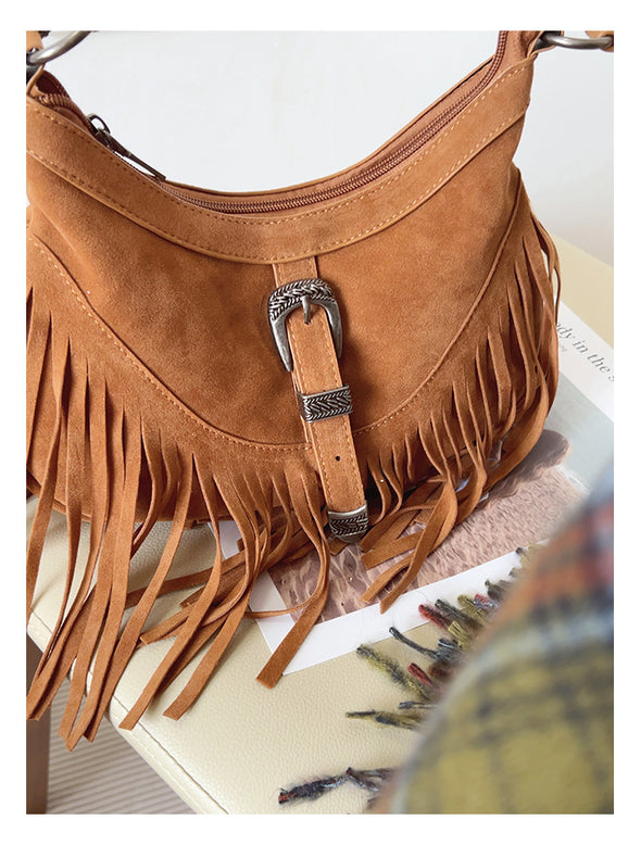 Elena Handbags Soft Suede Shoulder Bag with Tassel