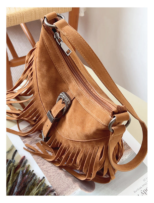 Elena Handbags Soft Suede Shoulder Bag with Tassel