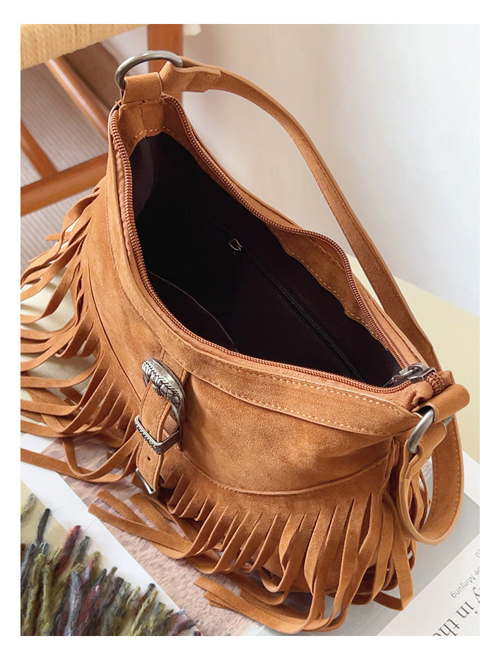 Soft Suede Shoulder Bag with Tassel