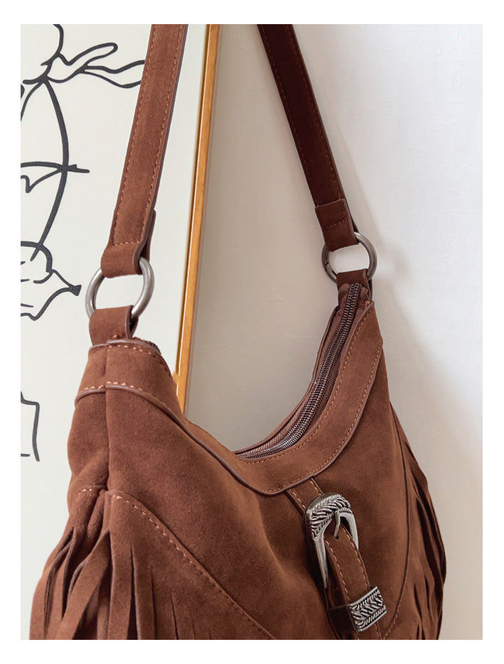 Soft Suede Shoulder Bag with Tassel
