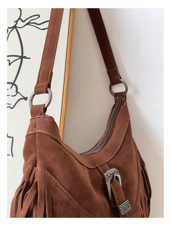 Elena Handbags Soft Suede Shoulder Bag with Tassel