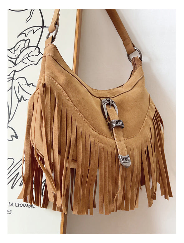 Elena Handbags Soft Suede Shoulder Bag with Tassel