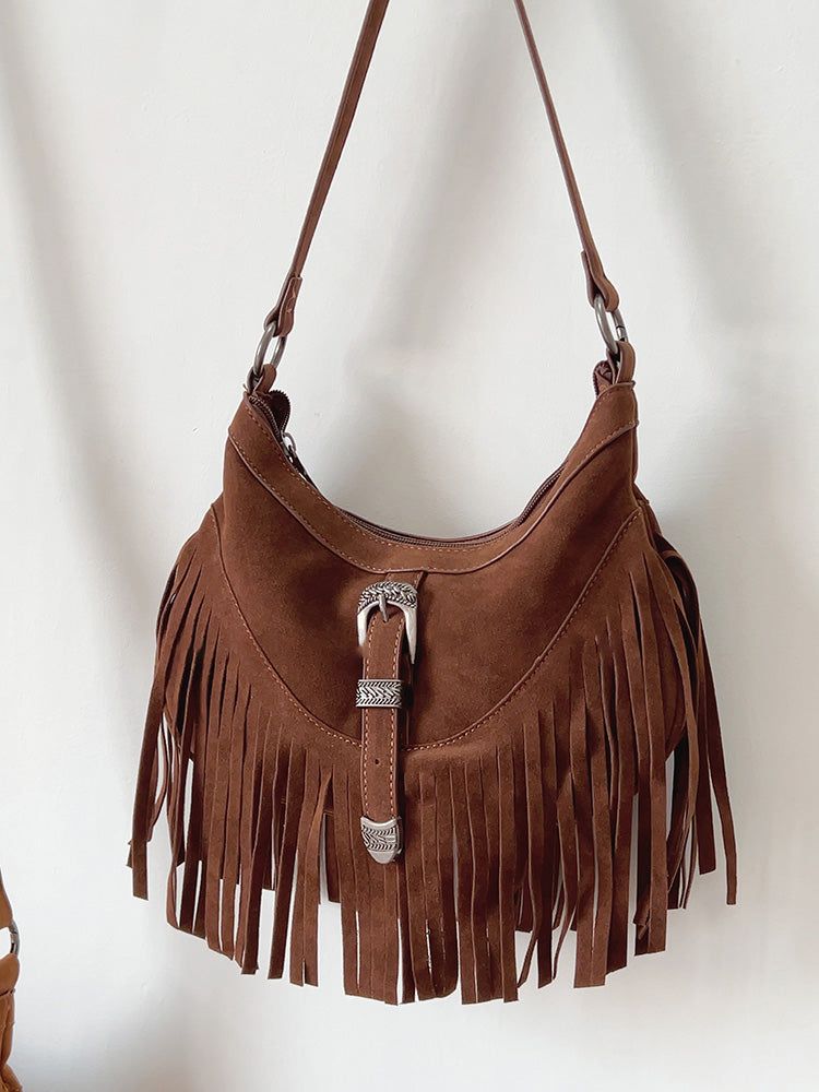 Soft Suede Shoulder Bag with Tassel