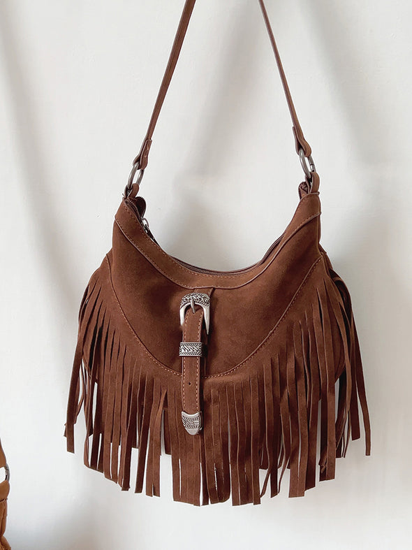 Elena Handbags Soft Suede Shoulder Bag with Tassel