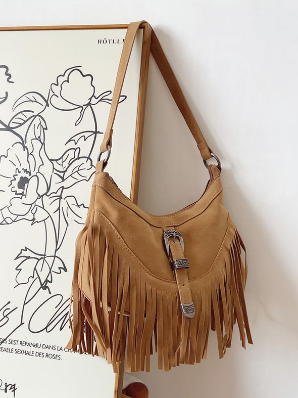 Elena Handbags Soft Suede Shoulder Bag with Tassel