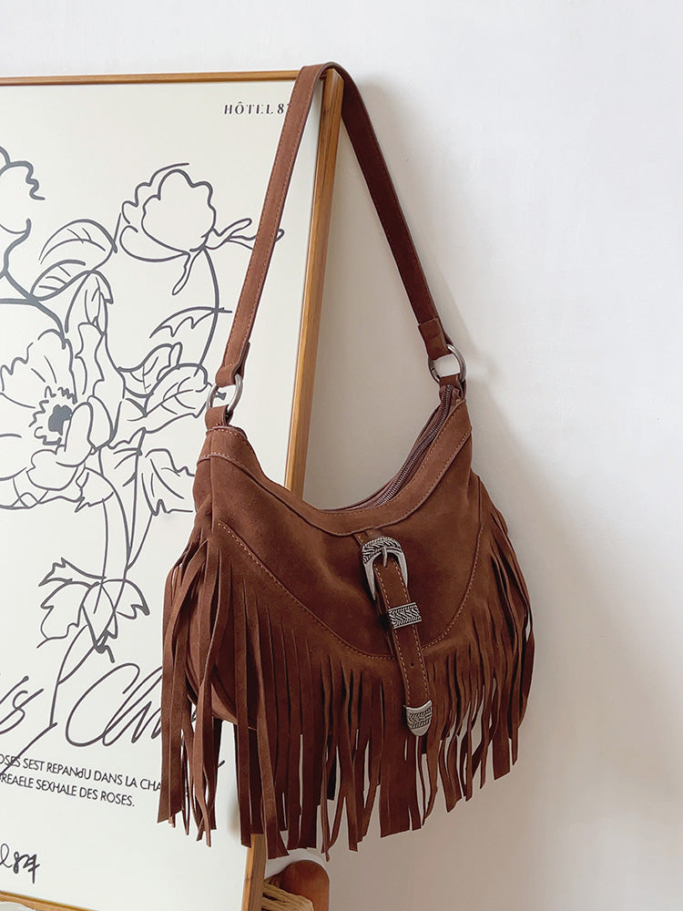 Soft Suede Shoulder Bag with Tassel