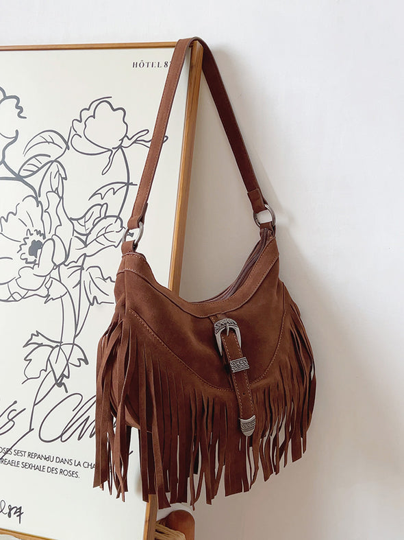 Elena Handbags Soft Suede Shoulder Bag with Tassel