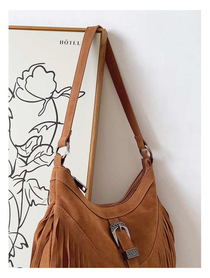 Soft Suede Shoulder Bag with Tassel