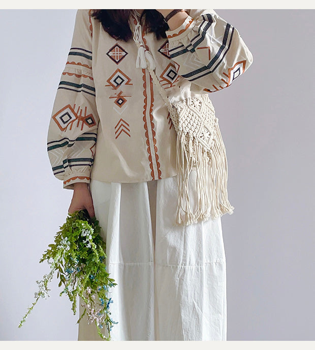Retro Cotton Macrame Crossbody Bag with Tassels