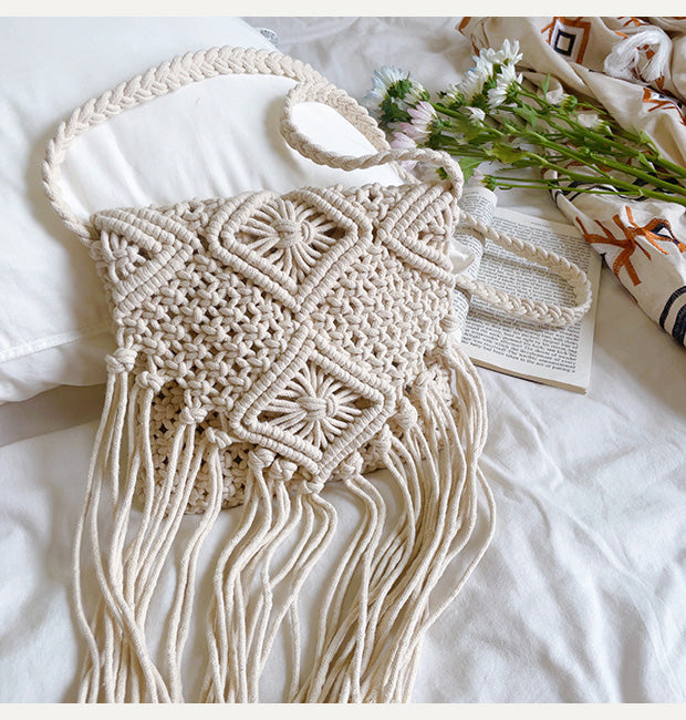 Retro Cotton Macrame Crossbody Bag with Tassels