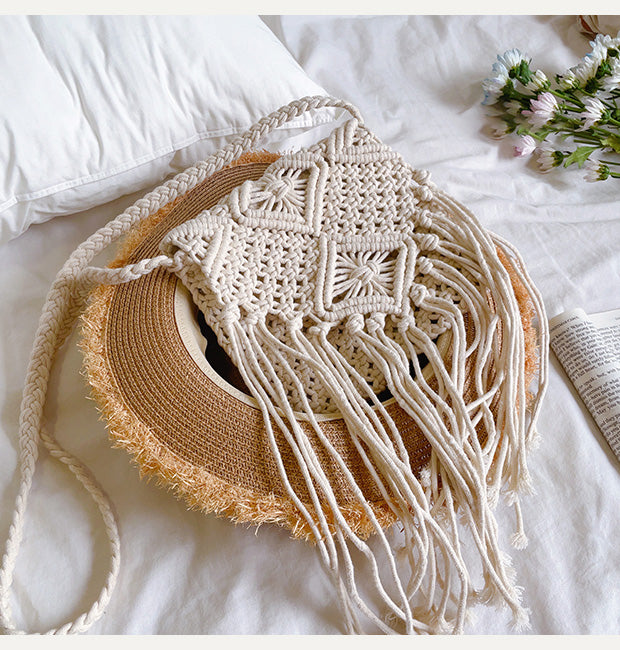 Retro Cotton Macrame Crossbody Bag with Tassels