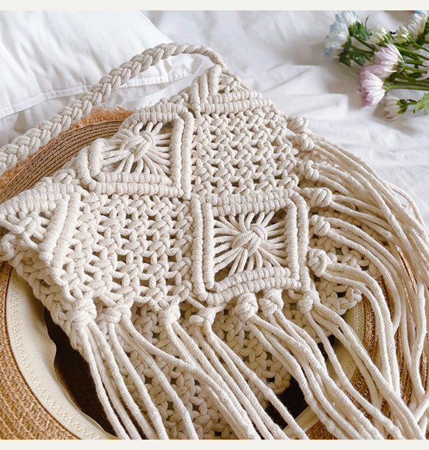 Retro Cotton Macrame Crossbody Bag with Tassels