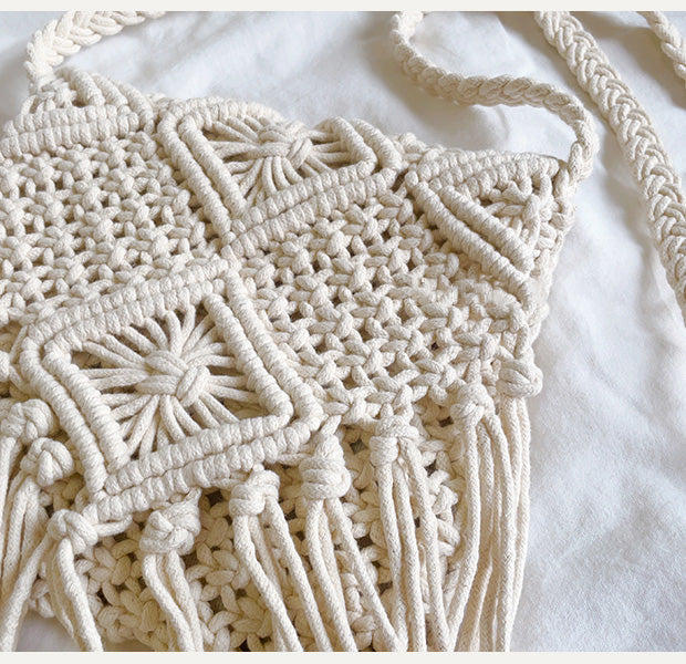 Retro Cotton Macrame Crossbody Bag with Tassels