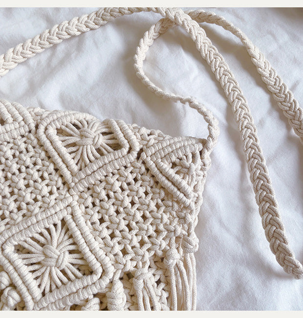 Retro Cotton Macrame Crossbody Bag with Tassels