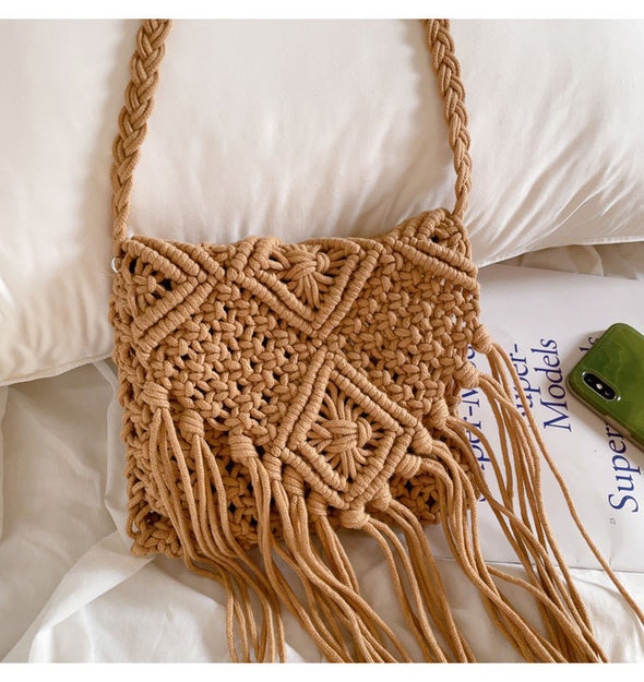 Elena Handbags Retro Cotton Macrame Crossbody Bag with Tassels