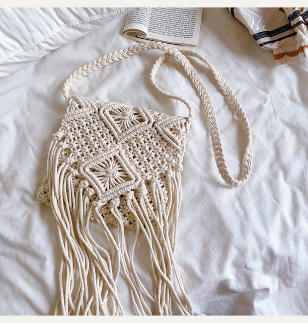 Retro Cotton Macrame Crossbody Bag with Tassels