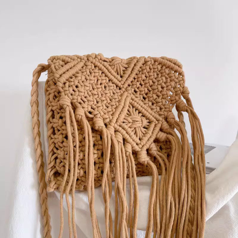 Retro Cotton Macrame Crossbody Bag with Tassels