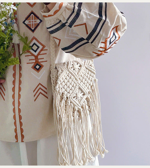 Retro Cotton Macrame Crossbody Bag with Tassels