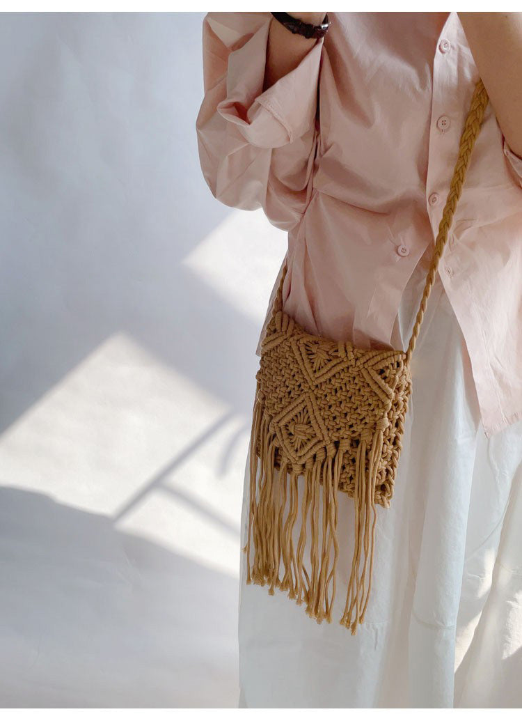 Retro Cotton Macrame Crossbody Bag with Tassels