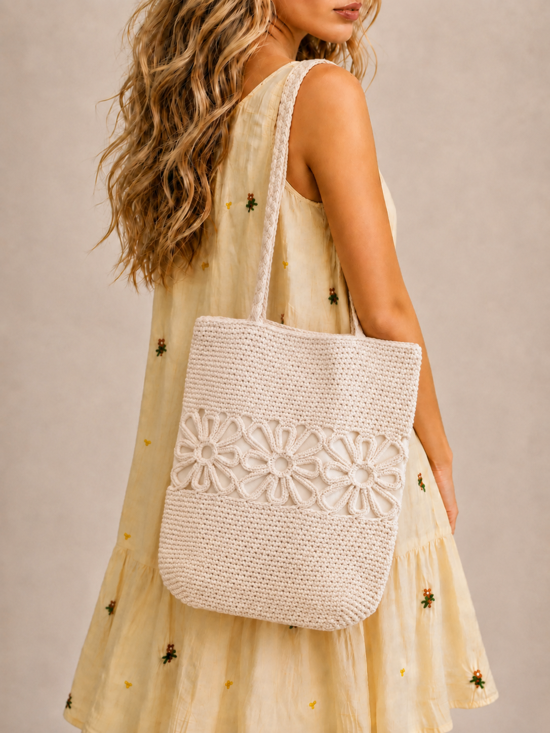 Crochet Medium Cotton Bag with Floral Design