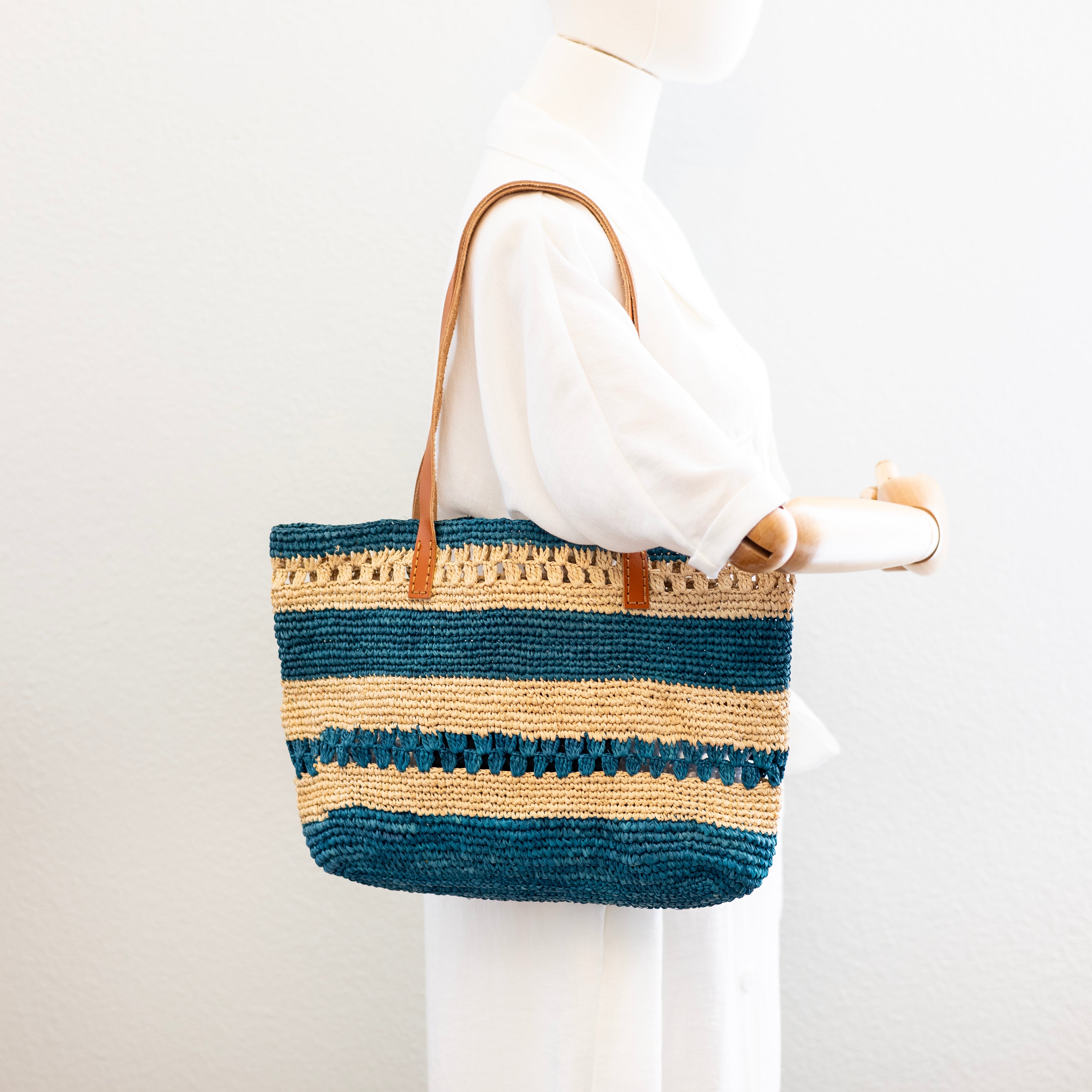 Teal Raffia Tote with Genuine Leather Straps