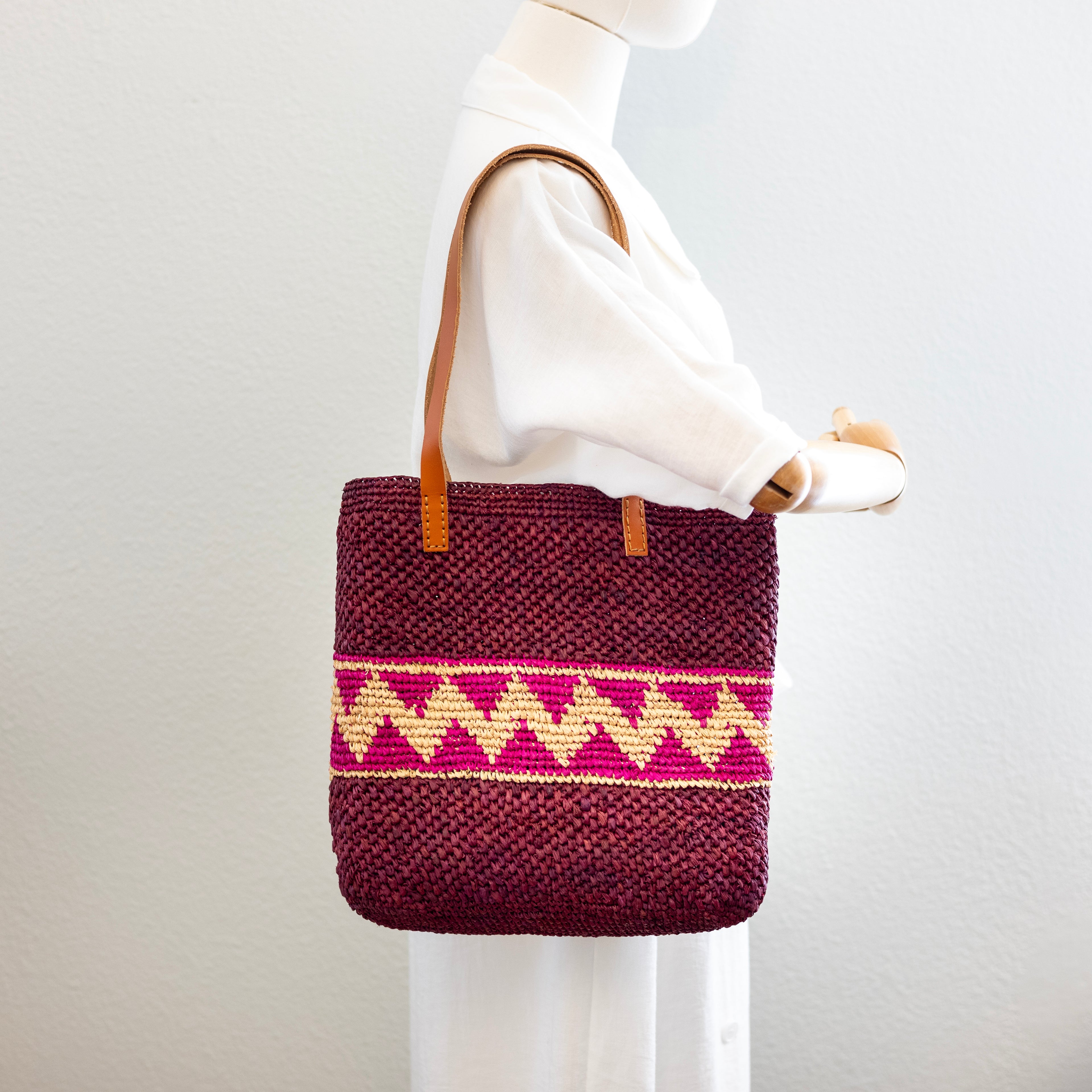 Magenta Raffia Tote with Genuine Leather Straps