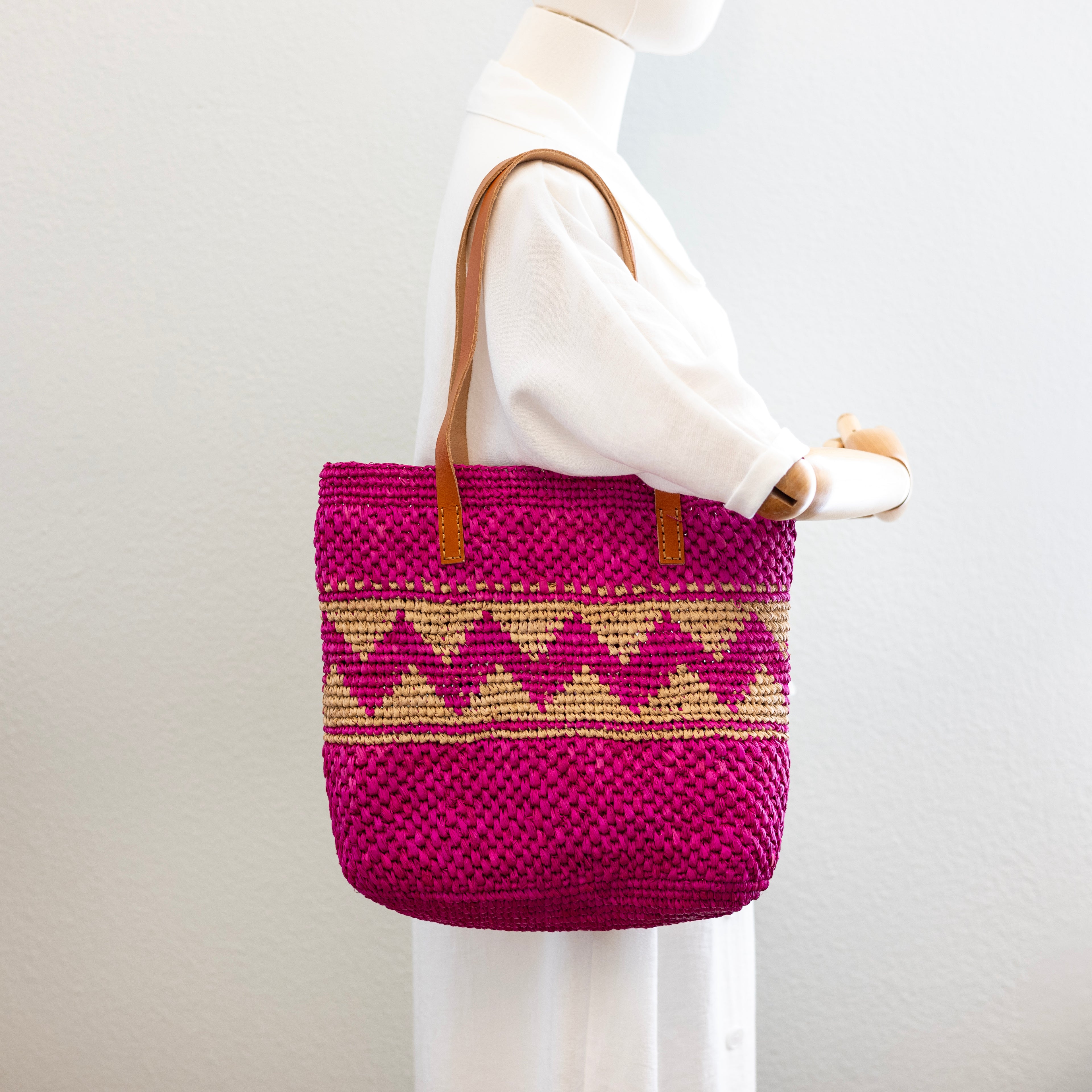 Magenta Raffia Tote with Genuine Leather Straps