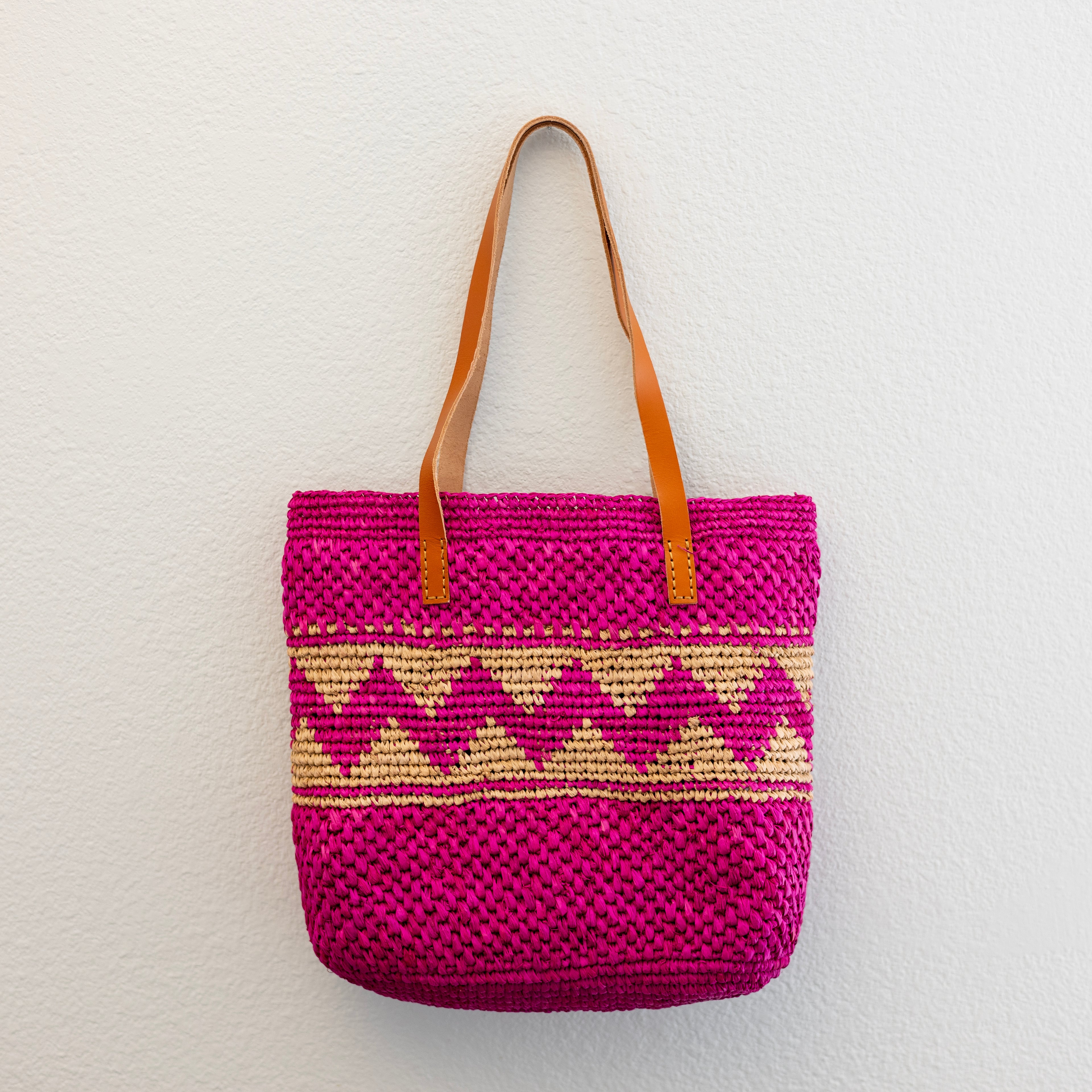 Magenta Raffia Tote with Genuine Leather Straps