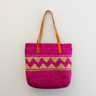 Elena Handbags Women's Magenta Raffia Tote with Genuine Leather Straps