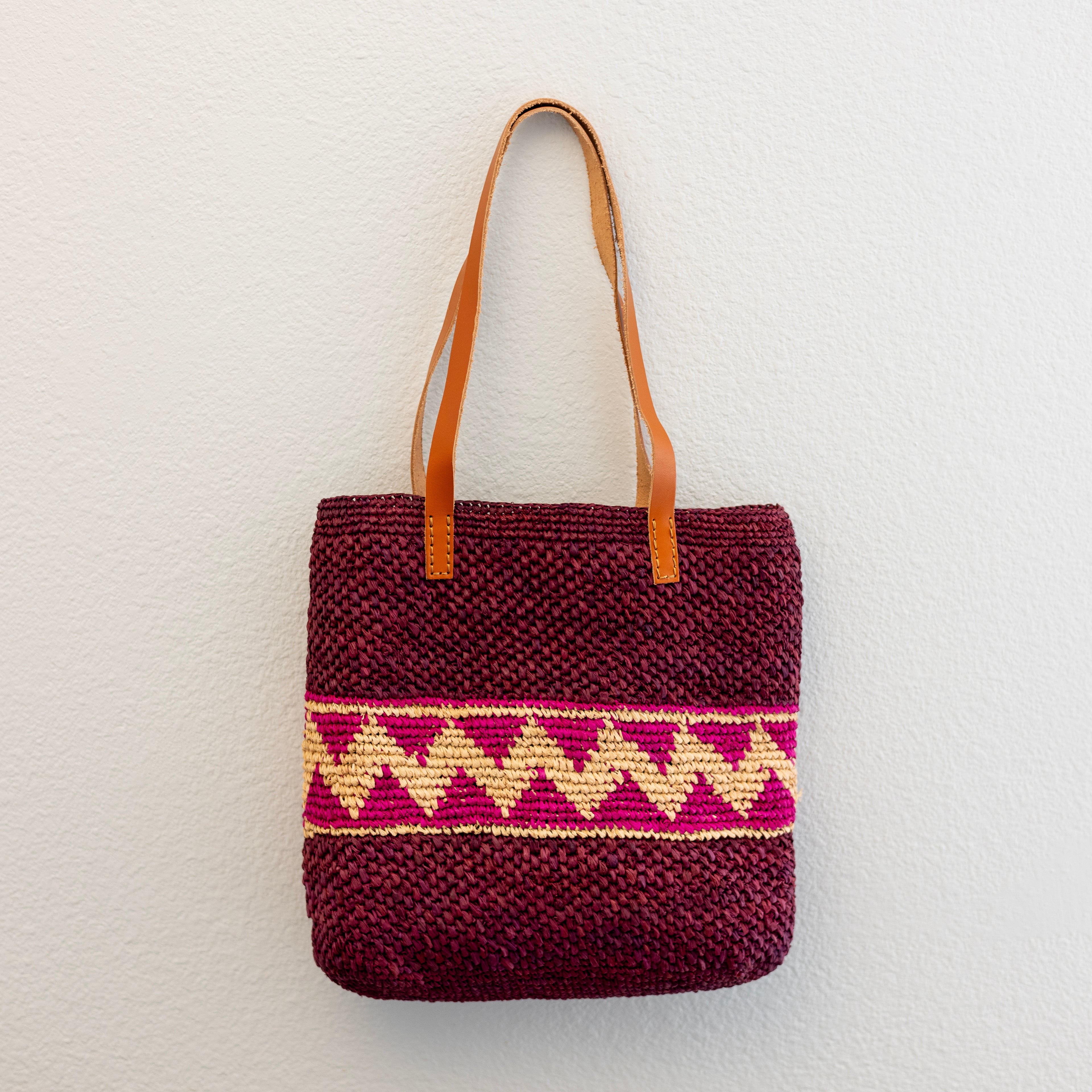 Magenta Raffia Tote with Genuine Leather Straps
