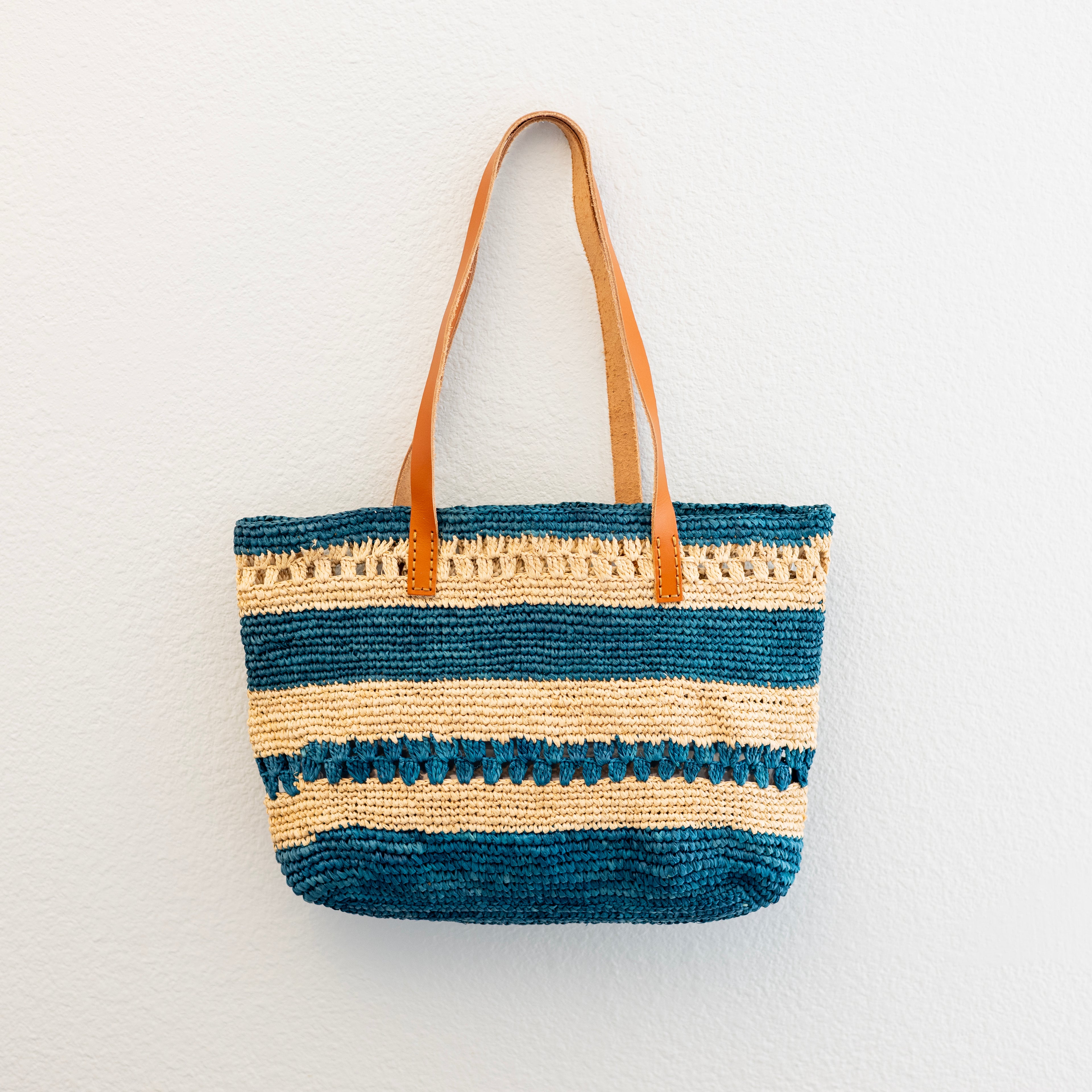 Teal Raffia Tote with Genuine Leather Straps