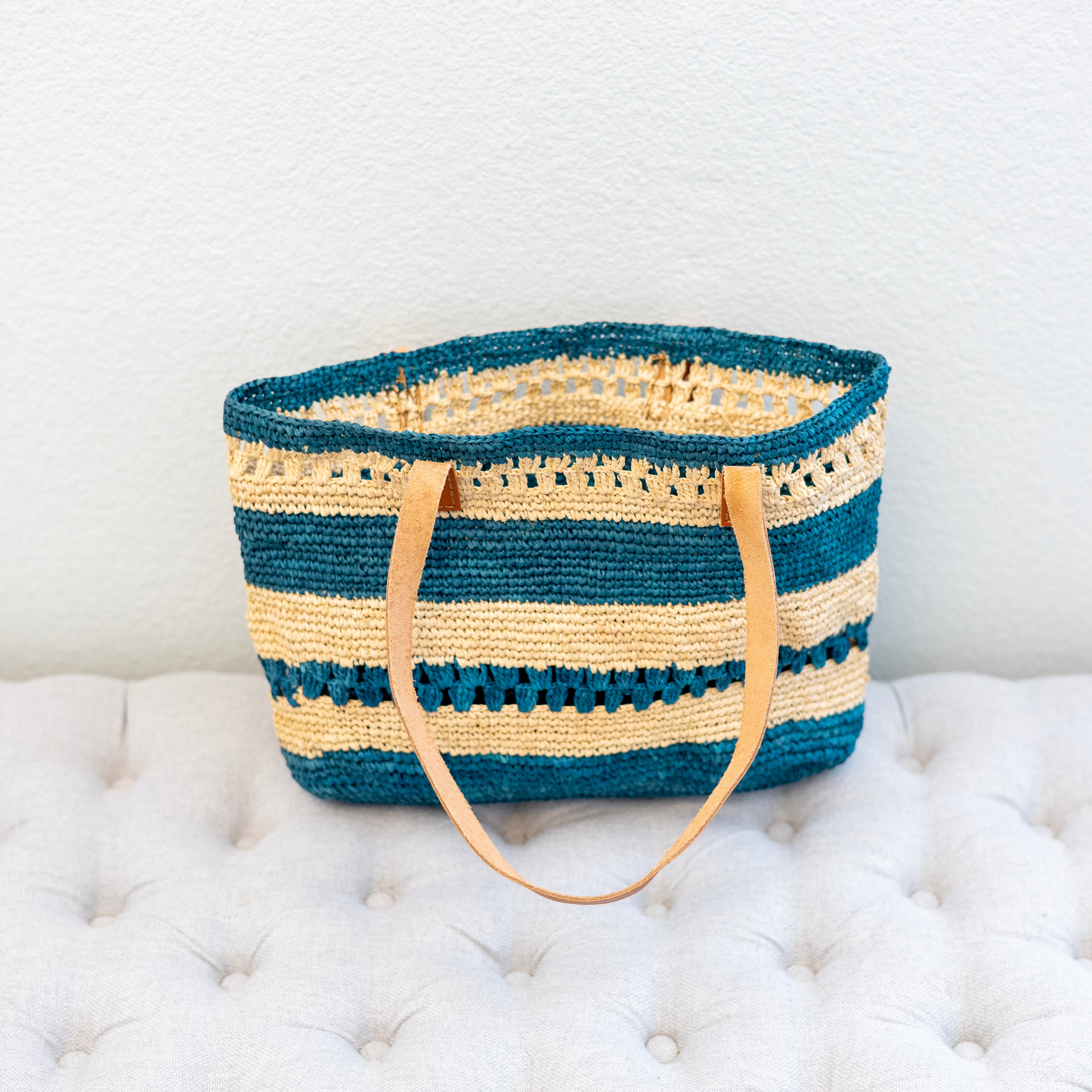 Teal Raffia Tote with Genuine Leather Straps