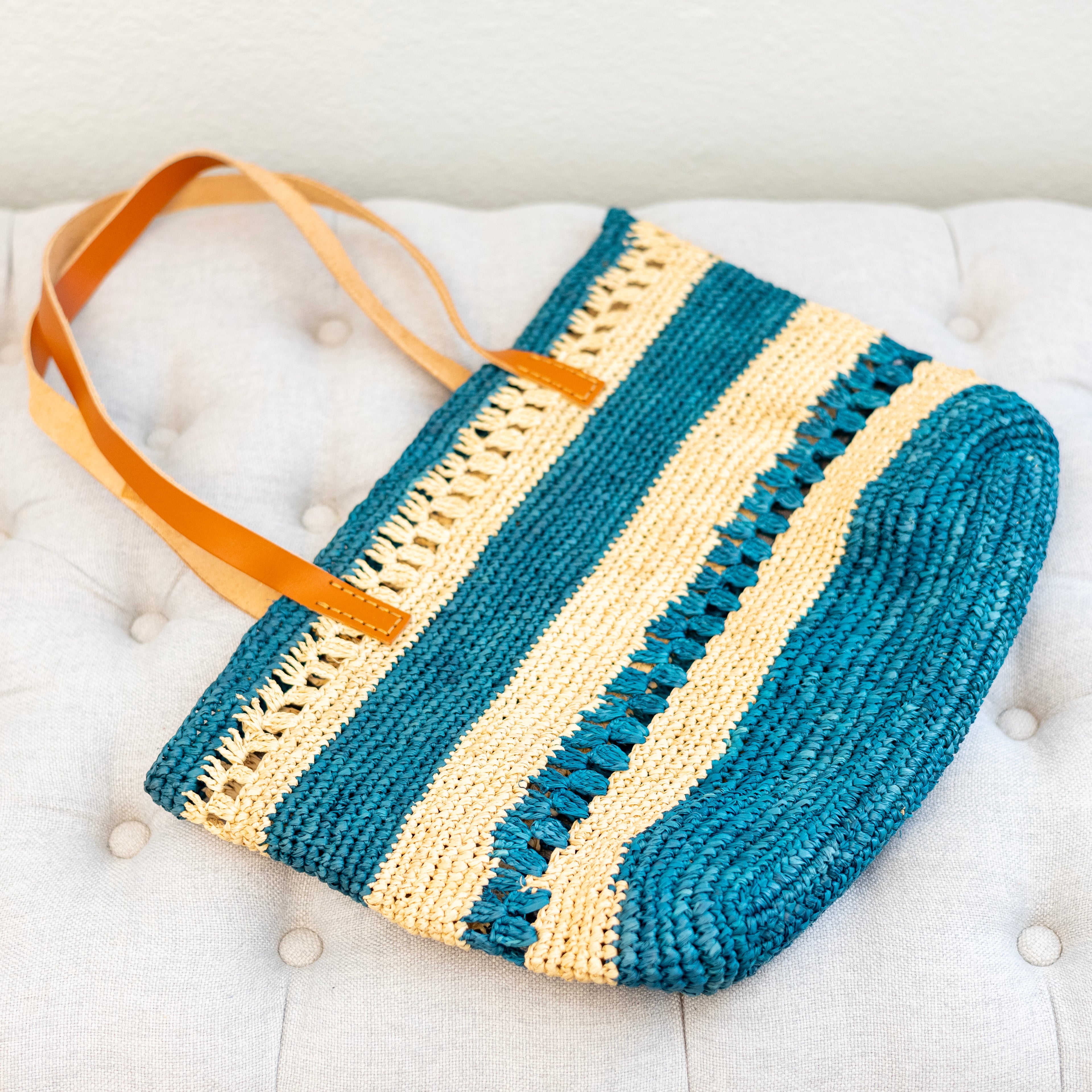 Teal Raffia Tote with Genuine Leather Straps