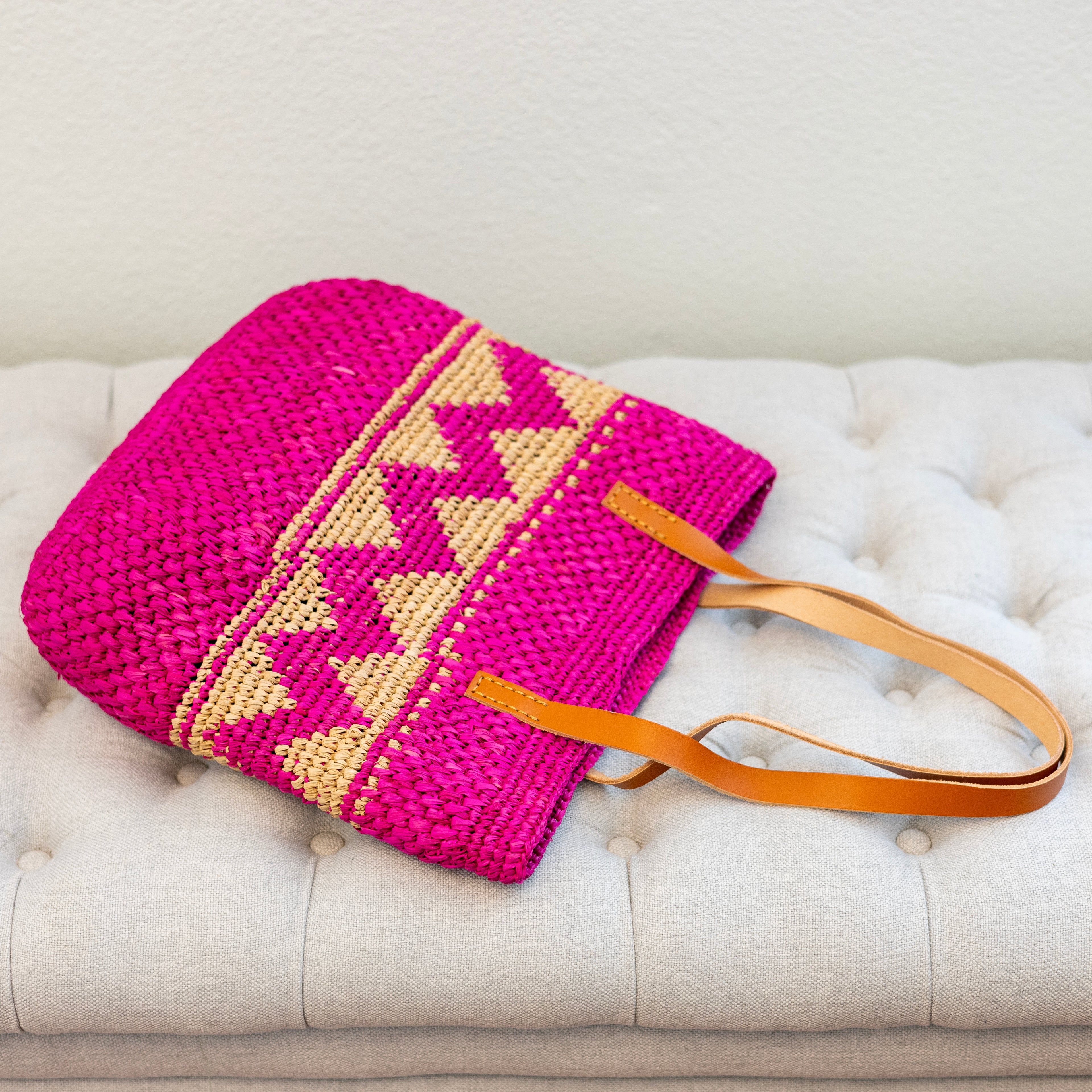 Magenta Raffia Tote with Genuine Leather Straps
