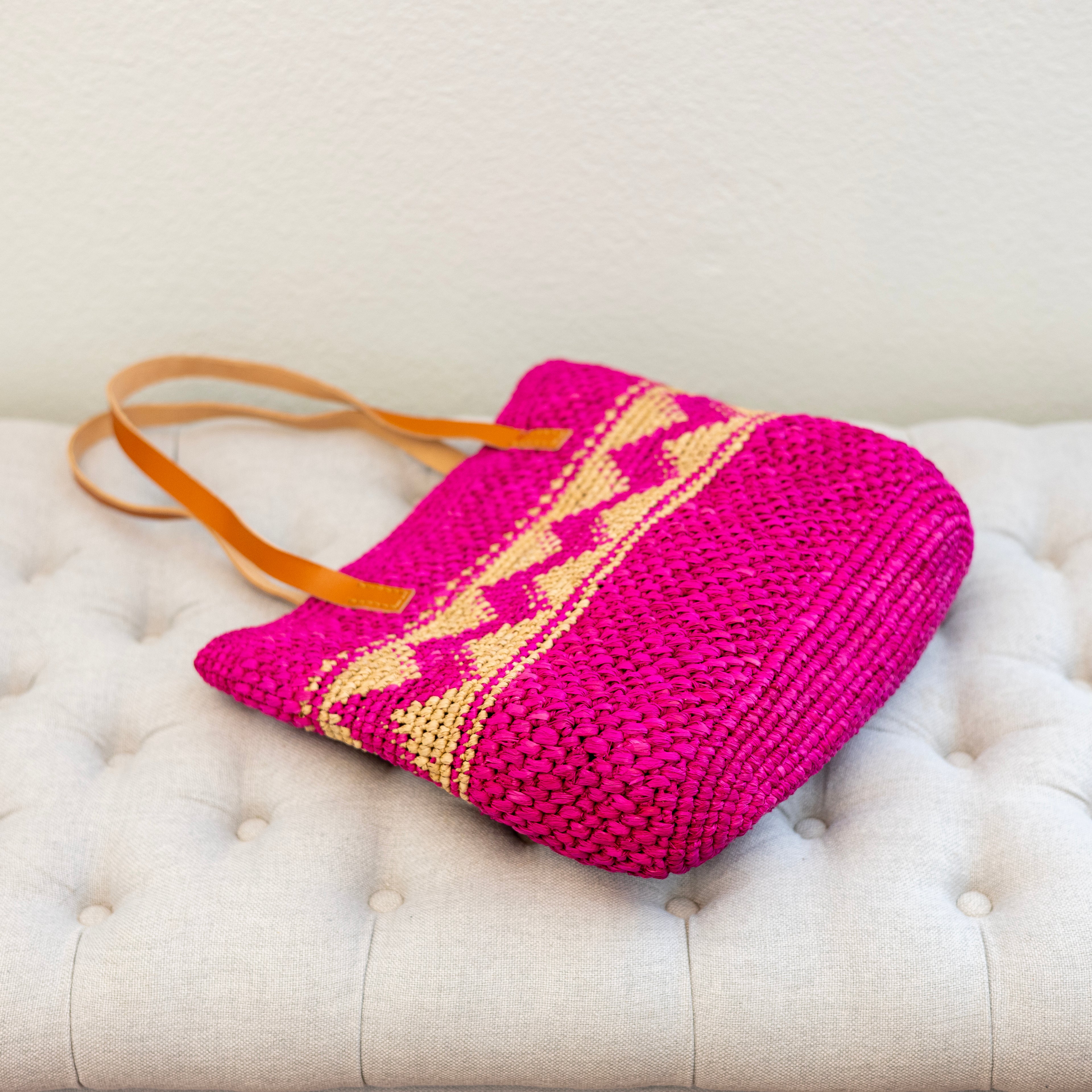Magenta Raffia Tote with Genuine Leather Straps