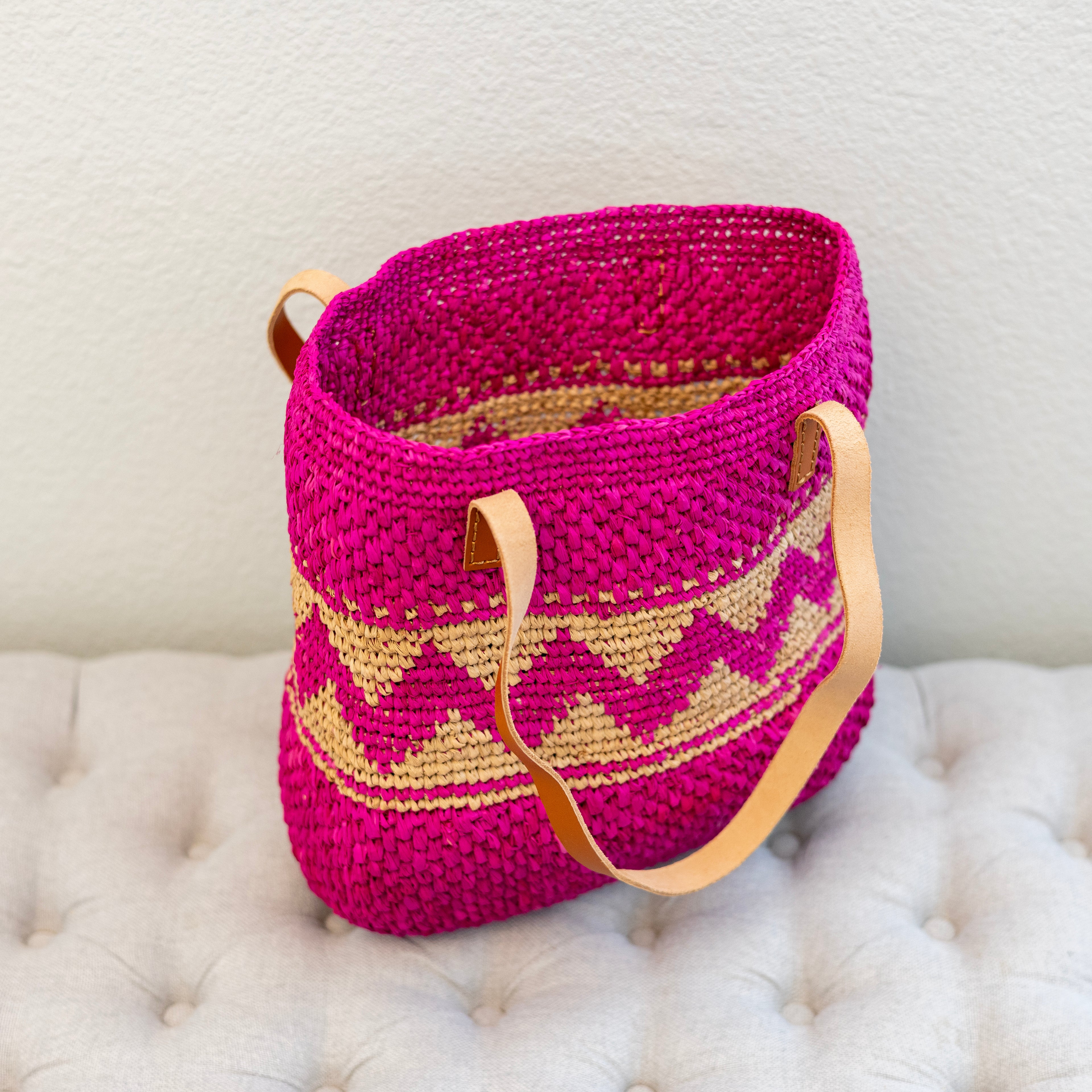 Magenta Raffia Tote with Genuine Leather Straps