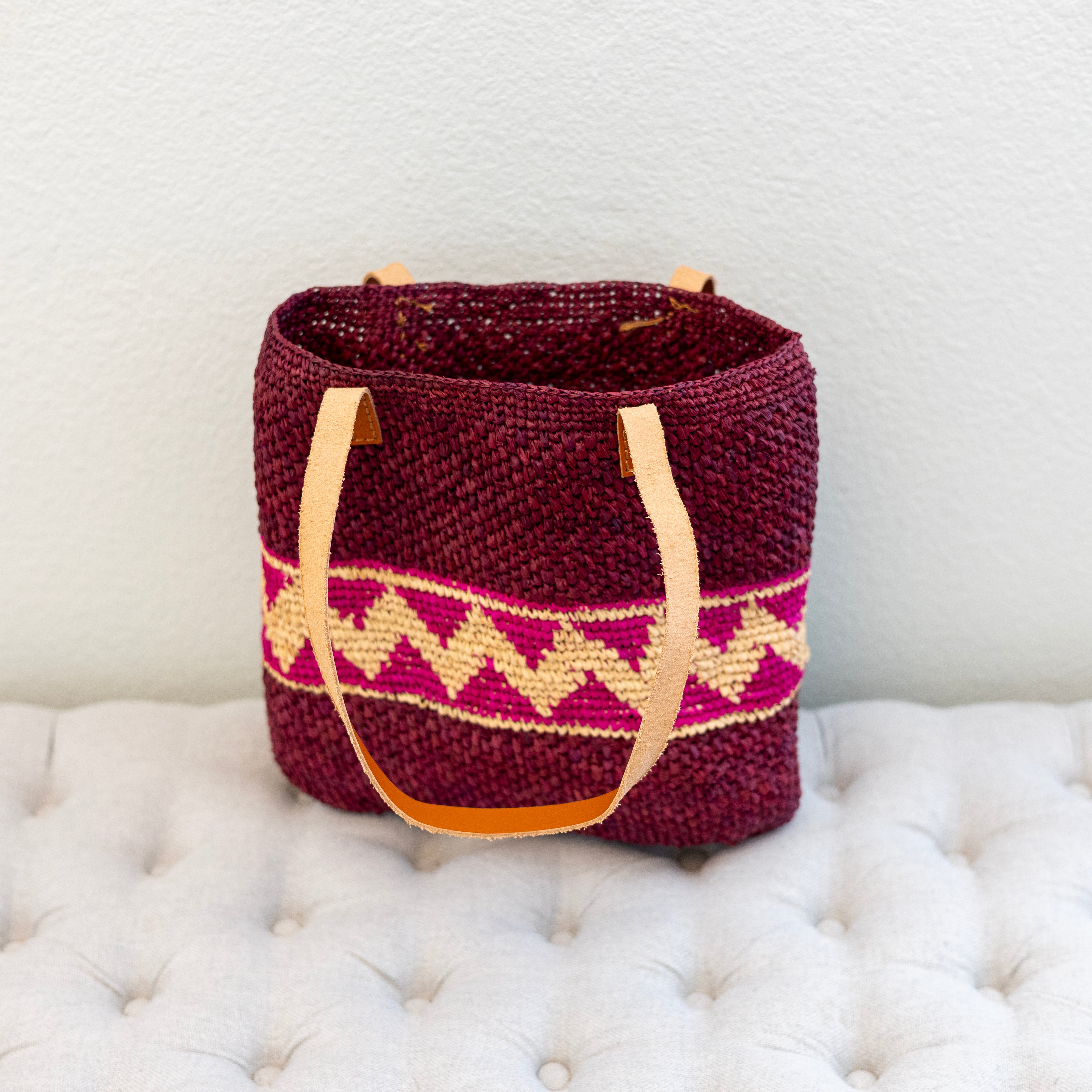Magenta Raffia Tote with Genuine Leather Straps