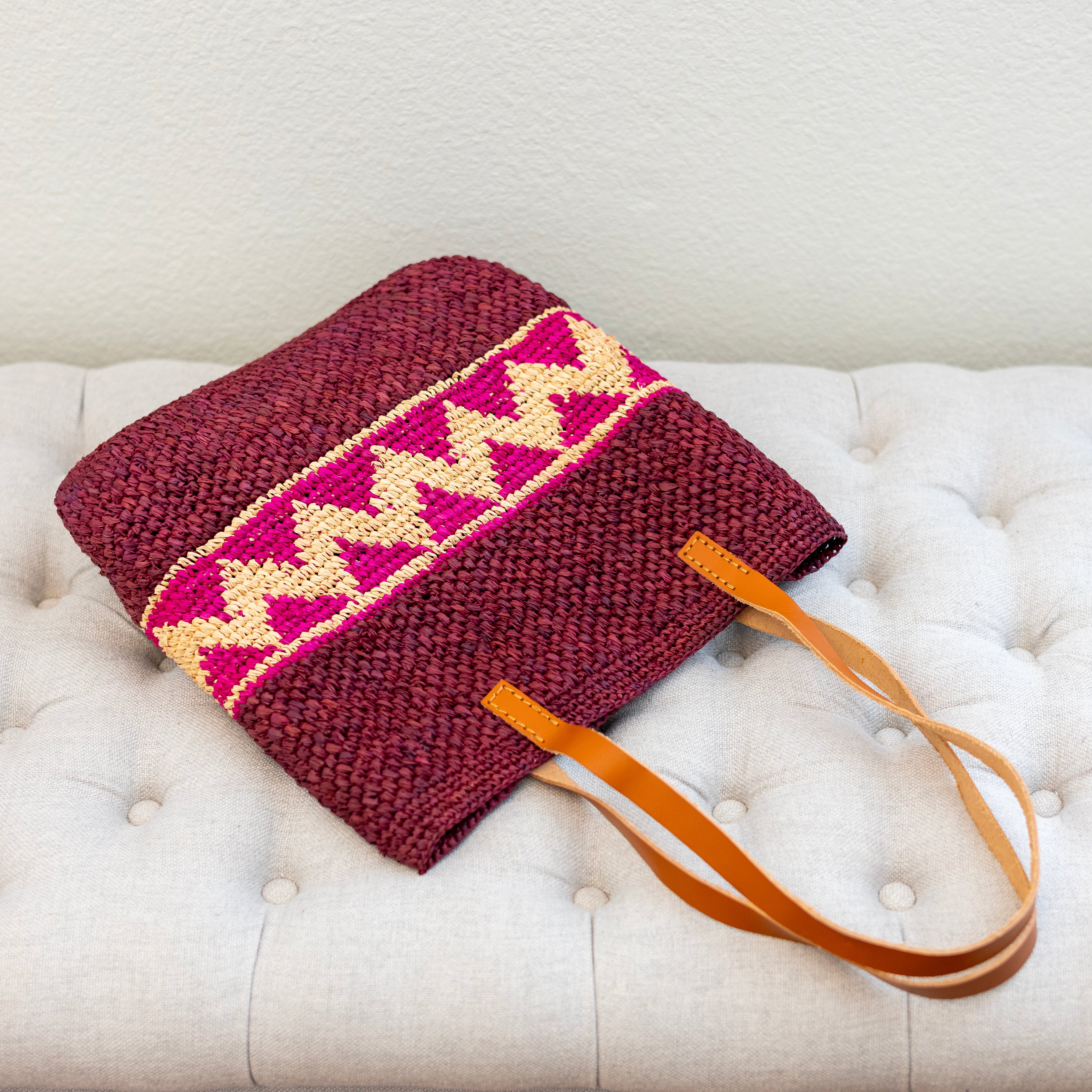 Magenta Raffia Tote with Genuine Leather Straps