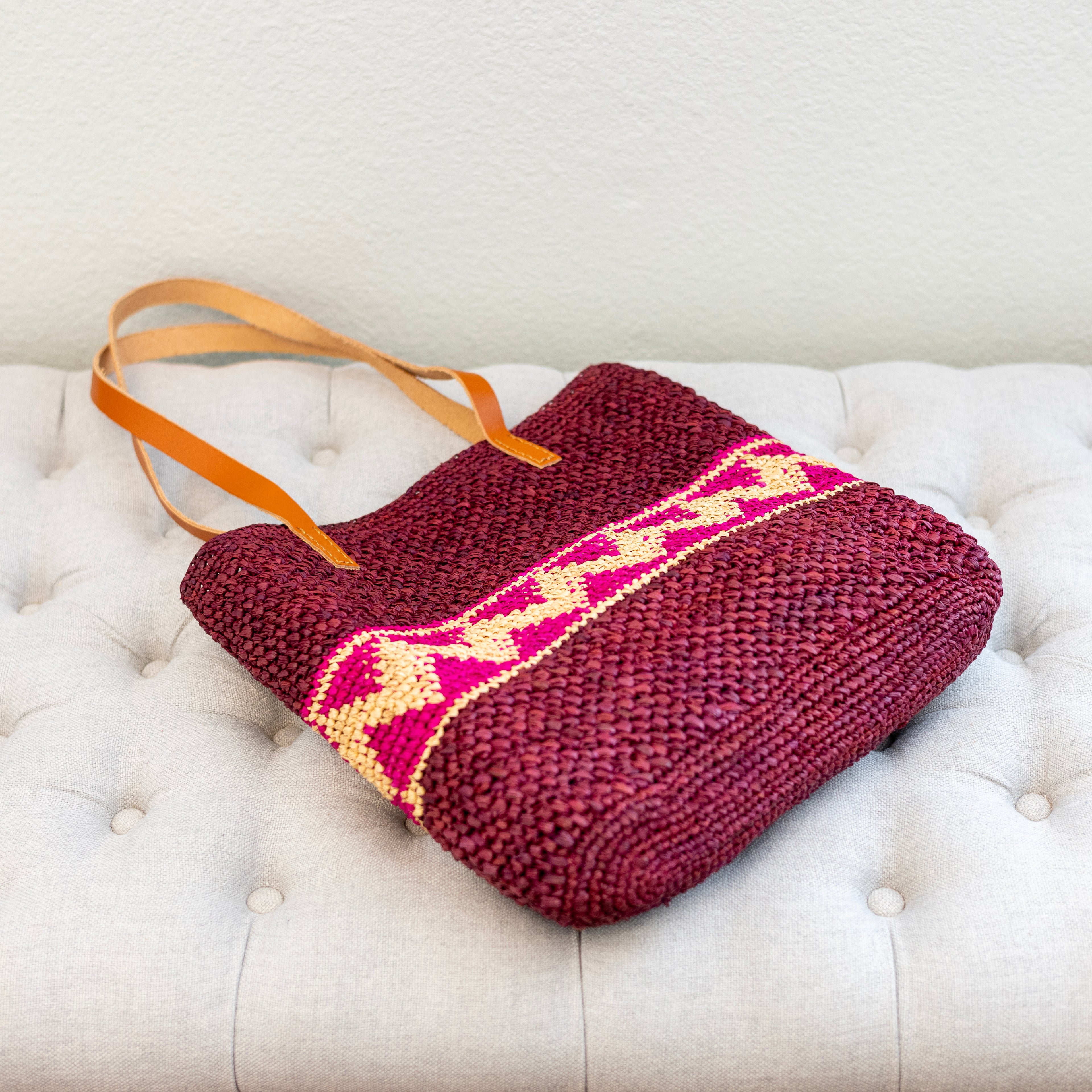 Magenta Raffia Tote with Genuine Leather Straps