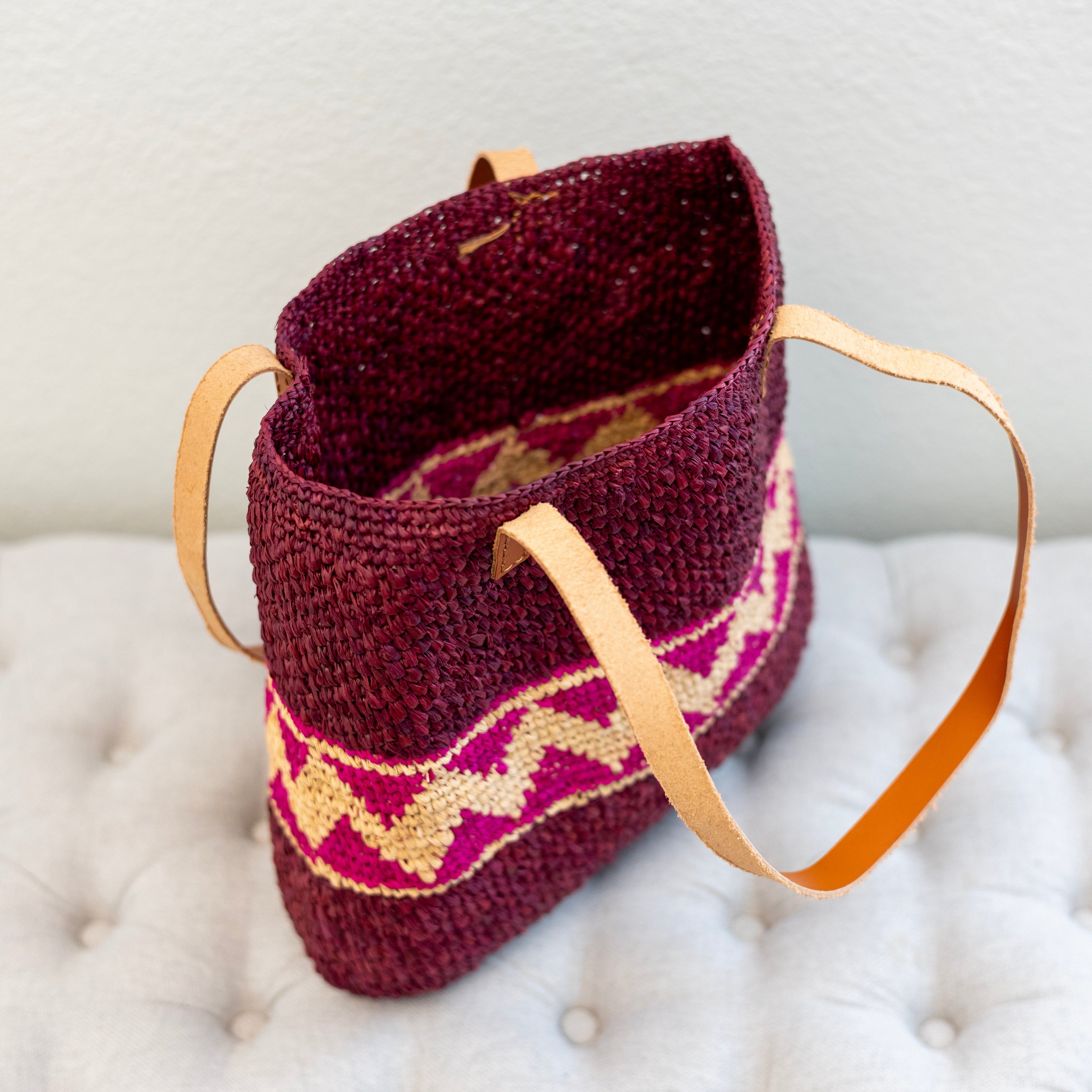 Magenta Raffia Tote with Genuine Leather Straps