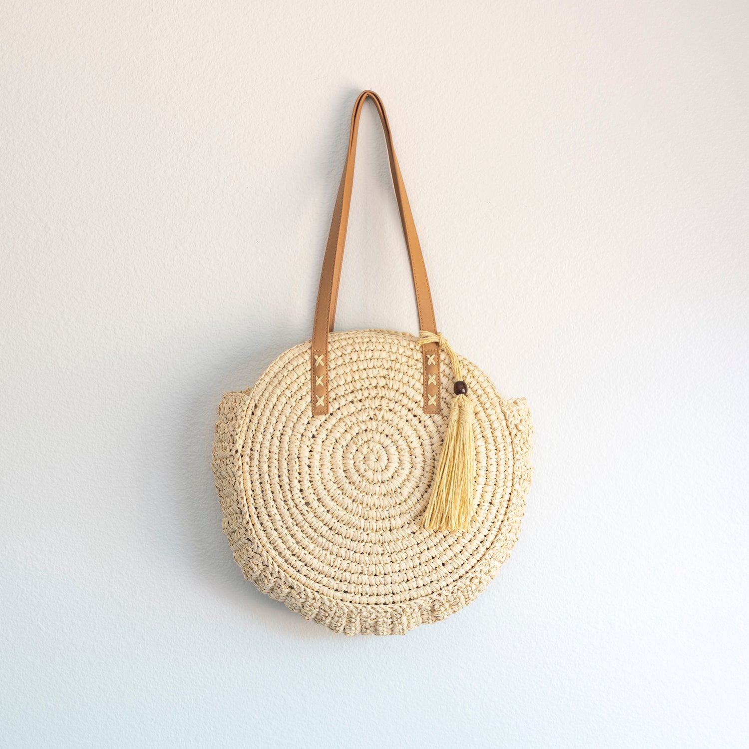 Elena Handbags Straw Woven Round Tote with Leather Strap and Tassel